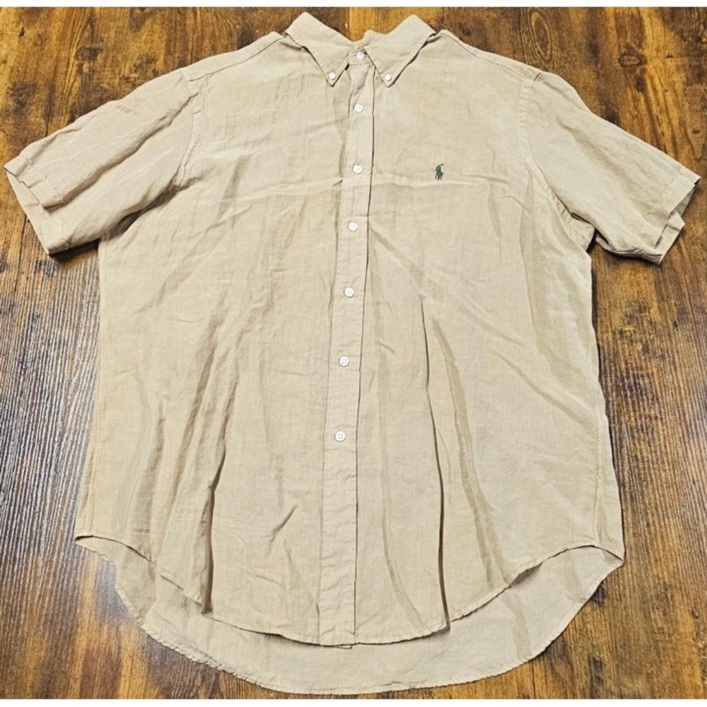Polo Ralph Lauren Men's‎ XL Button-Down Beige Short Sleeve Shirt Linen Silk